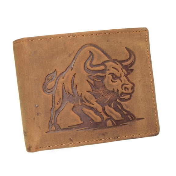 MARSHAL Mens RFID Blocking Leather Western Wallet  Cowboy Style Bifold with Charging Bull Design Tan