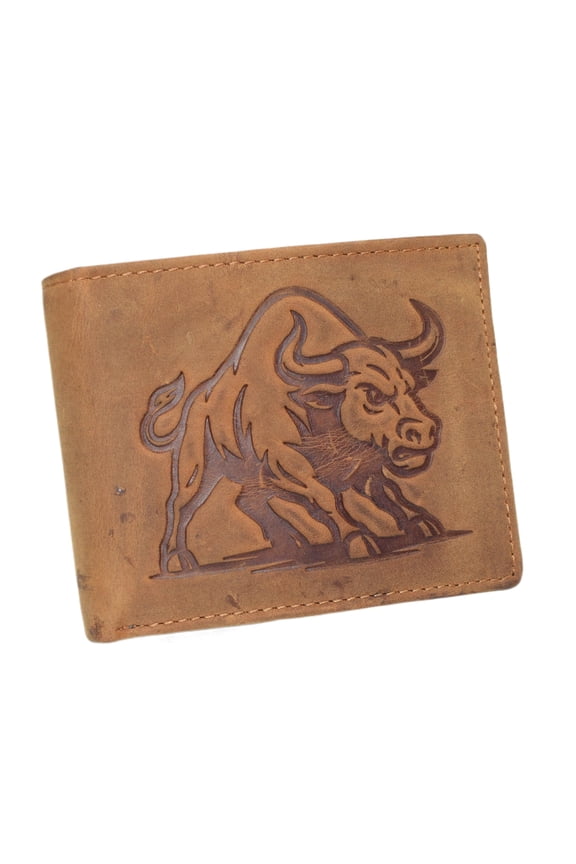 MARSHAL Mens RFID Blocking Leather Western Wallet  Cowboy Style Bifold with Charging Bull Design Tan