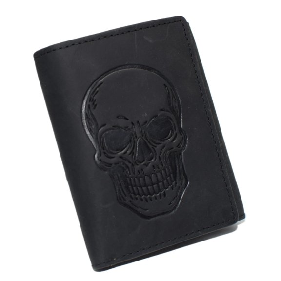 MARSHAL Mens RFID Blocking Trifold Biker Chain Wallet  Vintage Genuine Leather Skull Design Wallet with Snap Closure Black No Chain