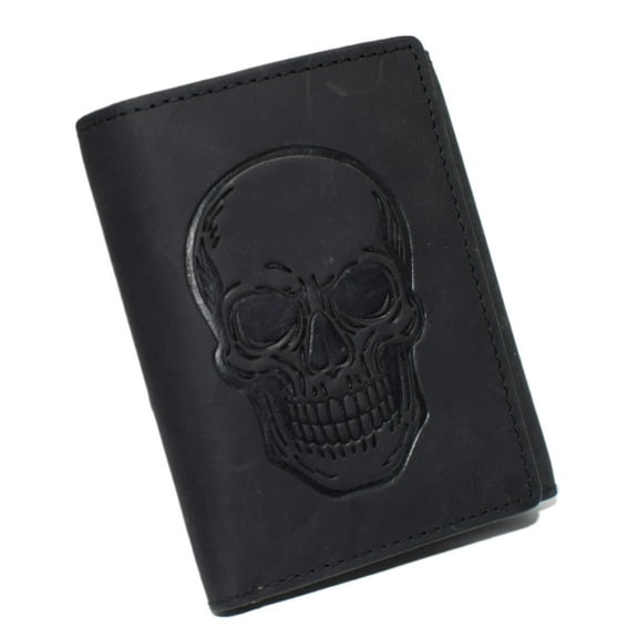 MARSHAL Mens RFID Blocking Trifold Biker Chain Wallet  Vintage Genuine Leather Skull Design Wallet with Snap Closure Black No Chain