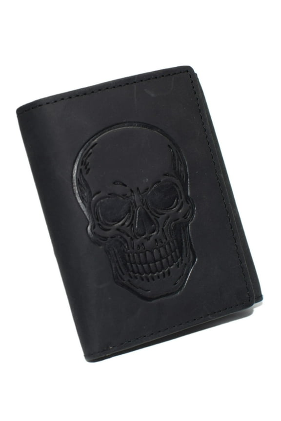 MARSHAL Mens RFID Blocking Trifold Biker Chain Wallet  Vintage Genuine Leather Skull Design Wallet with Snap Closure Black No Chain