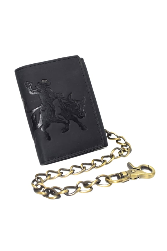 Mens RFID Blocking Trifold Leather Chain Wallet  Bull Rider Western Cowboy Design  Snap Closure Biker Wallet Black