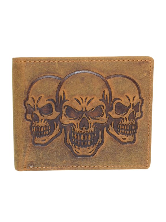MARSHAL Mens RFID Blocking Vintage Leather Bifold Wallet with Triple Skull Debossed Design Tan