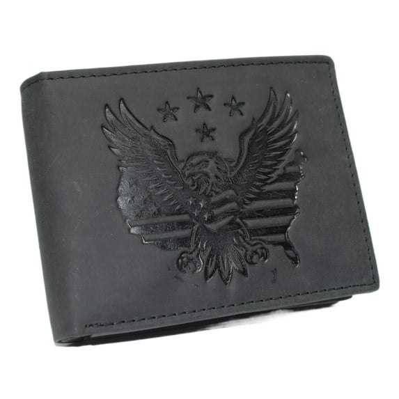 MARSHAL Mens RFID Blocking Vintage Leather Patriotic Eagle & USA Flag Debossed Bifold Wallet Brown