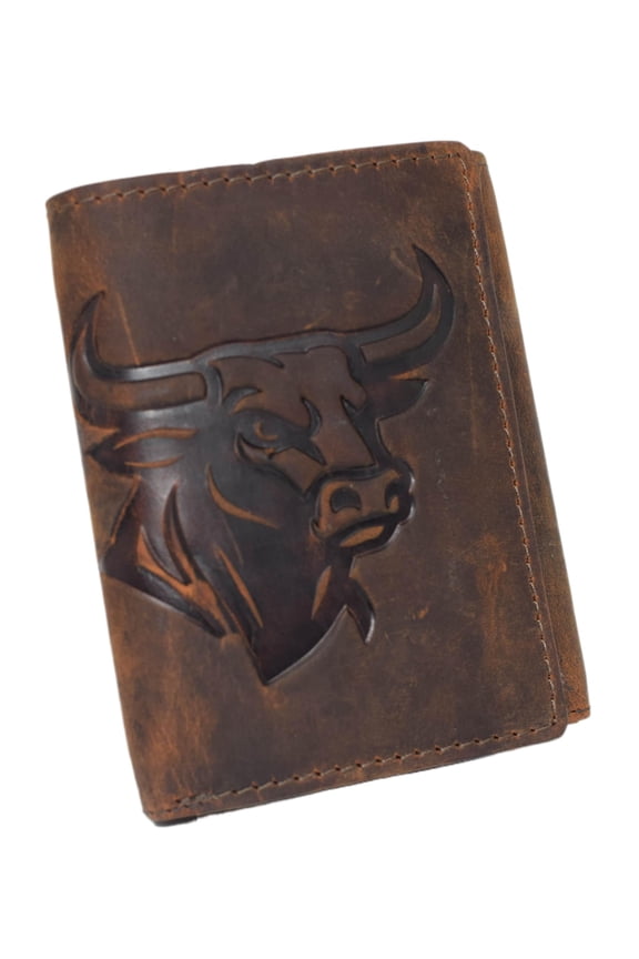 Mens Trifold Brown Leather Wallet  Embossed Bull Head Western RFID Blocking Wallet with ID Window & Snap Closure Bull Head Brown No Chain