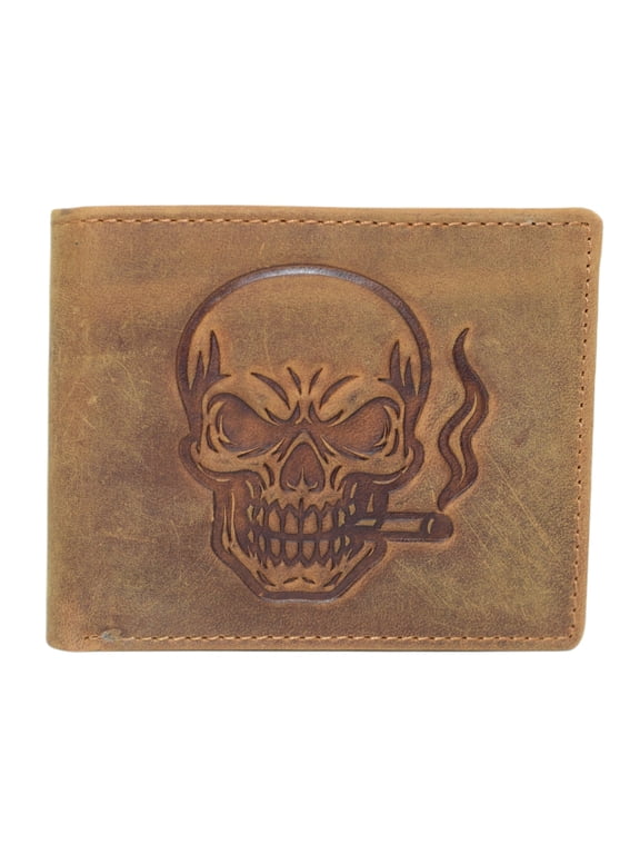 MARSHAL Mens Vintage Leather RFID Blocking Bifold Wallet for Men with Smoking Skull Design Tan