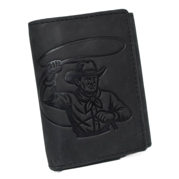 MARSHAL Mens Western Leather Chain Wallet RFID Blocking Trifold Biker Wallet with Cowboy Rodeo with Lasso Design and Snap Closure Black No Chain