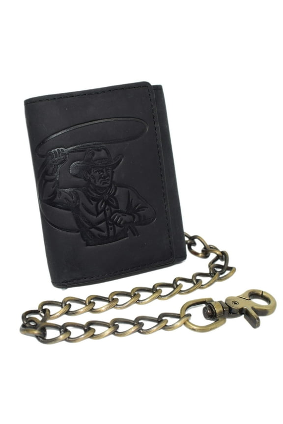 MARSHAL Mens Western Leather Chain Wallet  RFID Blocking Trifold Biker Wallet with Cowboy Rodeo with Lasso Design and Snap Closure Black