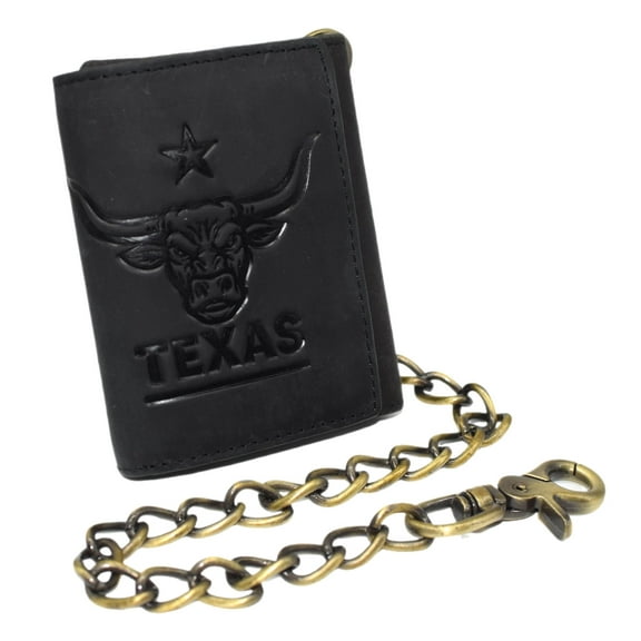 MARSHAL Mens Western Trifold Leather Chain Wallet  RFID Blocking Biker Wallet with Texas Longhorn Embossed Design & Snap Closure Black