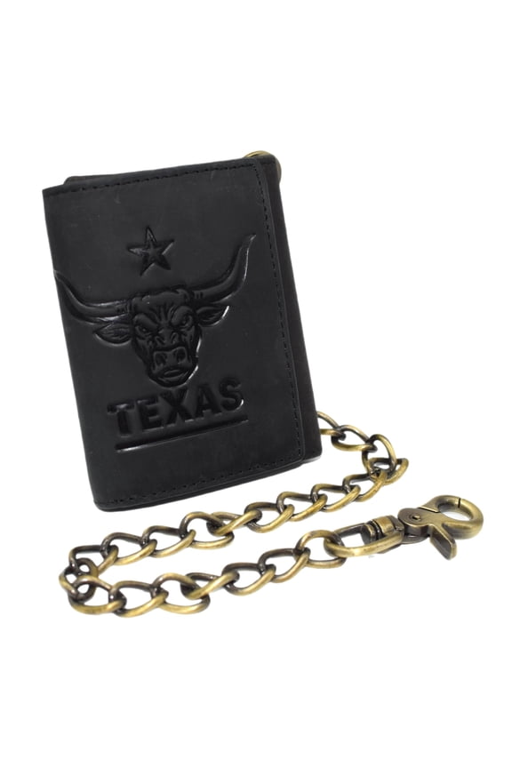 MARSHAL Mens Western Trifold Leather Chain Wallet  RFID Blocking Biker Wallet with Texas Longhorn Embossed Design & Snap Closure Black