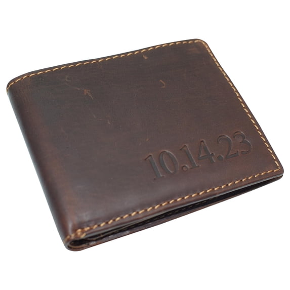 MARSHAL Personalized Date Men's RFID Blocking Genuine Leather Bifold Multi-Card Center Flap Wallet RHU Brown