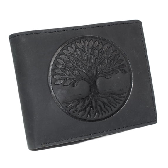 MARSHAL RFID Blocking Distressed Leather Bifold Wallet for Men with Tree of Life Design Black