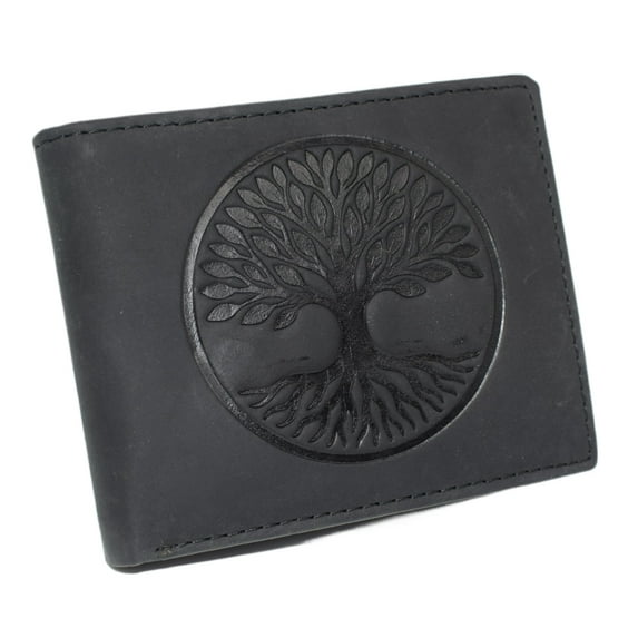 MARSHAL RFID Blocking Distressed Leather Bifold Wallet for Men with Tree of Life Design Tan