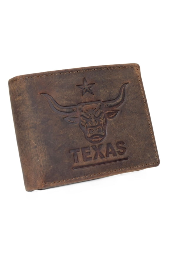 MARSHAL RFID Blocking Distressed Leather Men's Western Cowboy Bifold Leather Wallet Texas Longhorn Design Brown