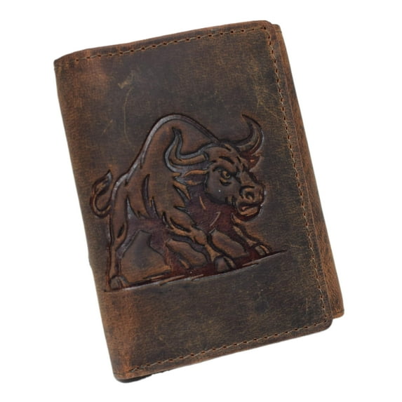 MARSHAL RFID Trifold Biker Wallet for Men Vintage Genuine Leather Chain Wallet with Charging Bull Embossed Design and Snap Closure Brown No Chain