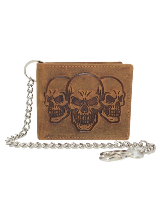 MARSHAL Triple Skull Bifold Wallet with Chain RFID Blocking Genuine Leather 3 Skull Design Biker Wallet Tan No Chain