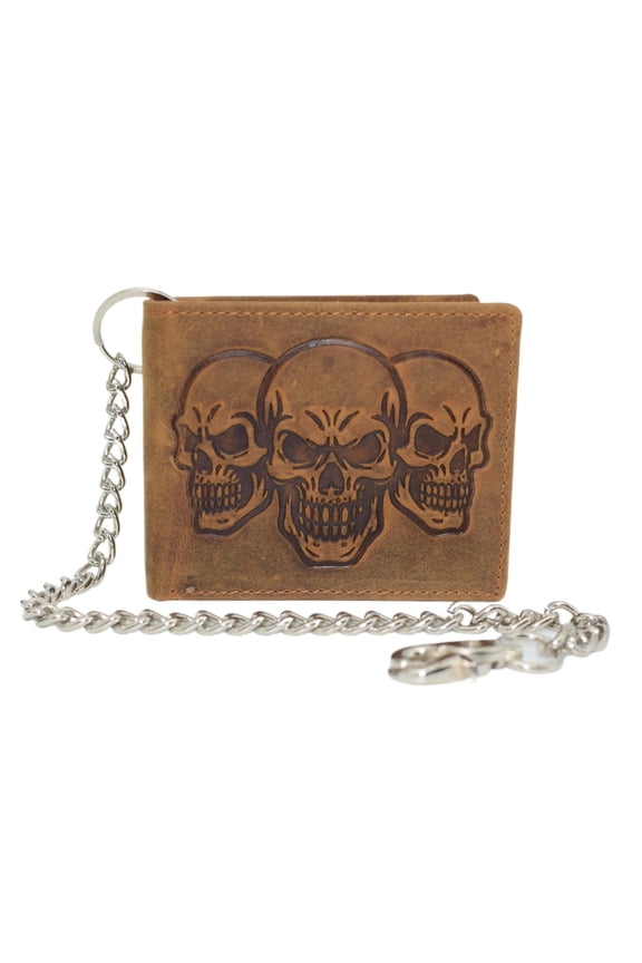 MARSHAL Triple Skull Bifold Wallet with Chain RFID Blocking Genuine Leather 3 Skull Design Biker Wallet Tan No Chain
