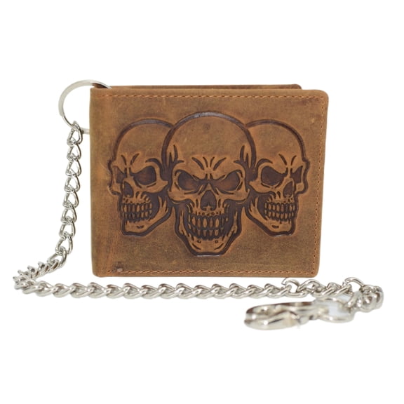 MARSHAL Triple Skull Bifold Wallet with Chain  RFID Blocking Genuine Leather 3 Skull Design Biker Wallet Tan