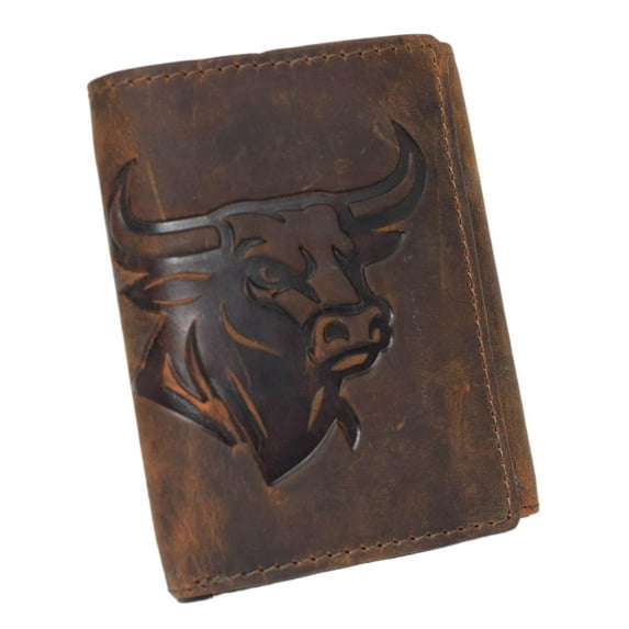 MARSHAL Vintage Biker Trifold Wallet for Men  RFID Blocking Genuine Leather Chain Wallet with Embossed Bull Head Design and Snap Closure Brown No Chain