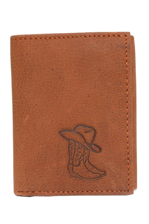MARSHAL Western Mens Leather Trifold Wallet RFID Blocking Cowhide Leather Wallet with Cowboy Hat & Boots Debossed Design Slim Durable Western Wallet