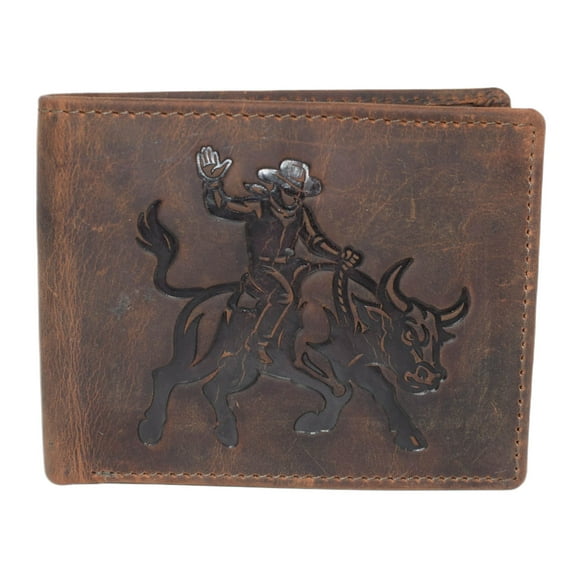 MARSHAL Western Rodeo Bull Rider Design Genuine Leather RFID Blocking Cowboy Bifold Wallet for Men Black