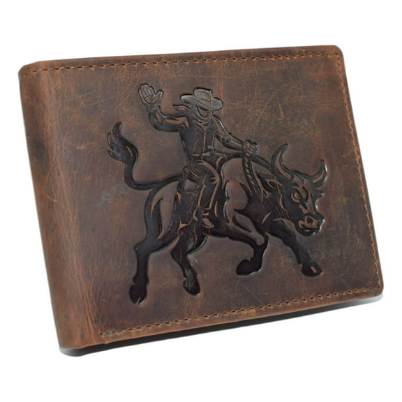 MARSHAL Western Rodeo Bull Rider Design Genuine Leather RFID Blocking Cowboy Bifold Wallet for Men Brown