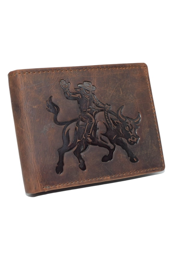 Western Rodeo Bull Rider Design Genuine Leather RFID Blocking Cowboy Bifold Wallet for Men Brown