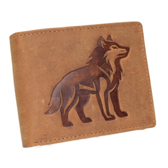 MARSHAL Wolf Design Men's Vintage Leather RFID Blocking Bifold Wallet for Hunters & Outdoorsmen Tan