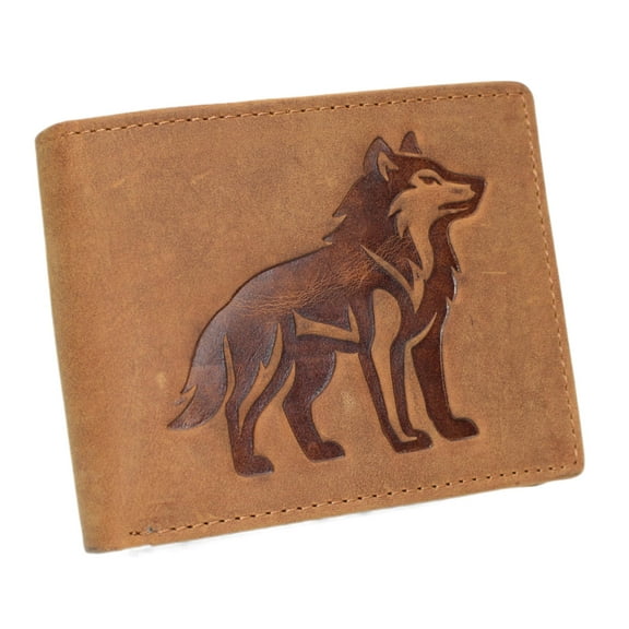 MARSHAL Wolf Design Men's Vintage Leather RFID Blocking Bifold Wallet for Hunters & Outdoorsmen Tan