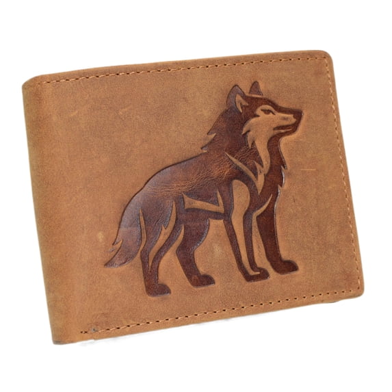 MARSHAL Wolf Design Men's Vintage Leather RFID Blocking Bifold Wallet for Hunters & Outdoorsmen Tan