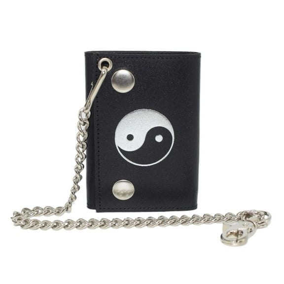 MARSHAL Yin & Yang RFID Blocking Trifold Biker Men's Genuine Leather Steel Chain Wallet Snap closure Yin Yang