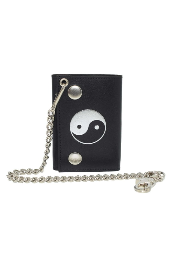MARSHAL Yin & Yang RFID Blocking Trifold Biker Men's Genuine Leather Steel Chain Wallet Snap closure Yin Yang