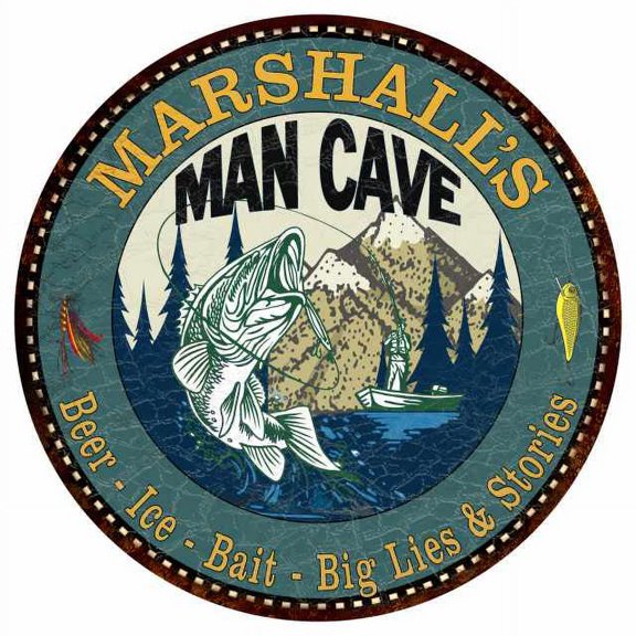 MARSHALL'S Man Cave Fishing 12" Round Metal Sign Garage Bar Décor 200120004475