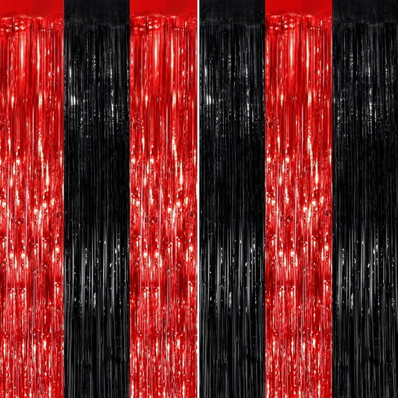MART Black Red Fringe Curtain Party Streamers 2Pack 3.3 x 8.3 Ft Foil Fringe Backdrop Curtains for Birthday Wedding Bridal Baby Shower Holiday Tinsel Streamers Black Party Decorations Door Streamers
