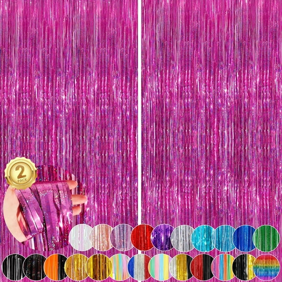 MART Rose Pink Party Streamers 2 Pack Glitter Foil Fringe Curtain 3.3 x 8.3ft Pink Party Decor Photo Booth Streamers Metallic Tinsel Door Streamer for Christmas Baby Shower Halloween Decorations
