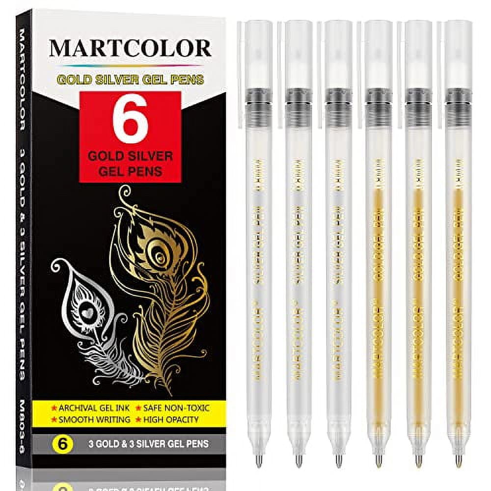 MARTCOLOR Gold Silver Metallic Gel Pen Set, 0.8mm Fine Point Gold and  Silver Gel Ink Pens, Archival Gel Ink Pens for Artist, Black Paper Drawing,  Sketching, Writing, Illustration, Pack of 6 