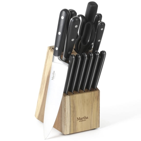 MARTHA STEWART 14-Piece Eastwalk High Carbon Stainless Steel Cutlery Set w/Acacia Wood Block 1-Set
