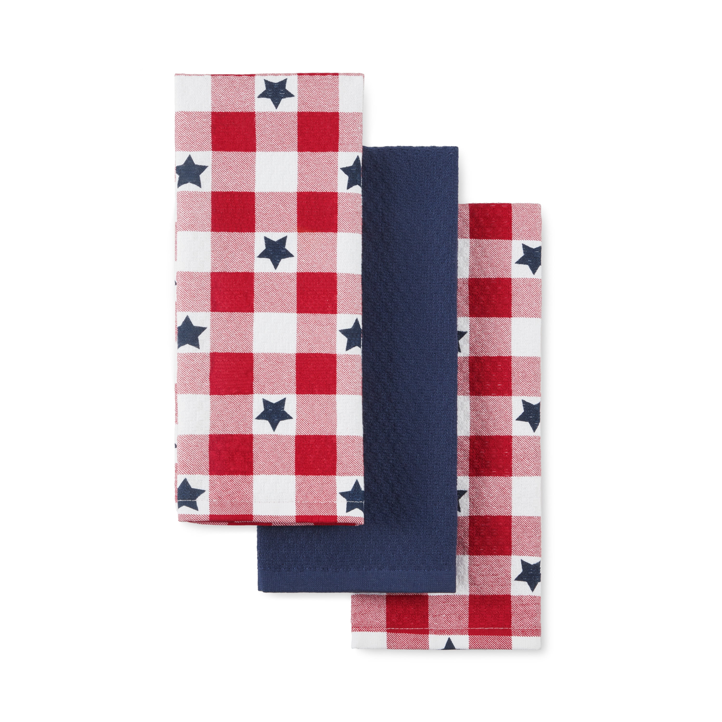 MARTHA STEWART Americana Star Gihgham Holiday Kitchen Towels 3-Pack Set, 100% Cotton, Absorbent, Patriotic USA America Decor, Red/White/Blue, 16"x28"