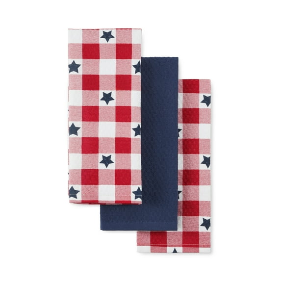 MARTHA STEWART Americana Star Gihgham Holiday Kitchen Towels 3-Pack Set, 100% Cotton, Absorbent, Patriotic USA America Decor, Red/White/Blue, 16"x28"