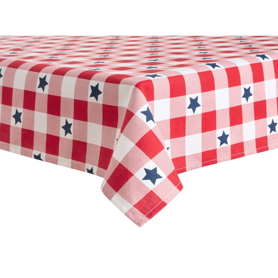 MARTHA STEWART Americana Star Gingham Plaid Indoor Tablecloth, Patriotic USA America Decor, Red/White/Blue, 60"x102"