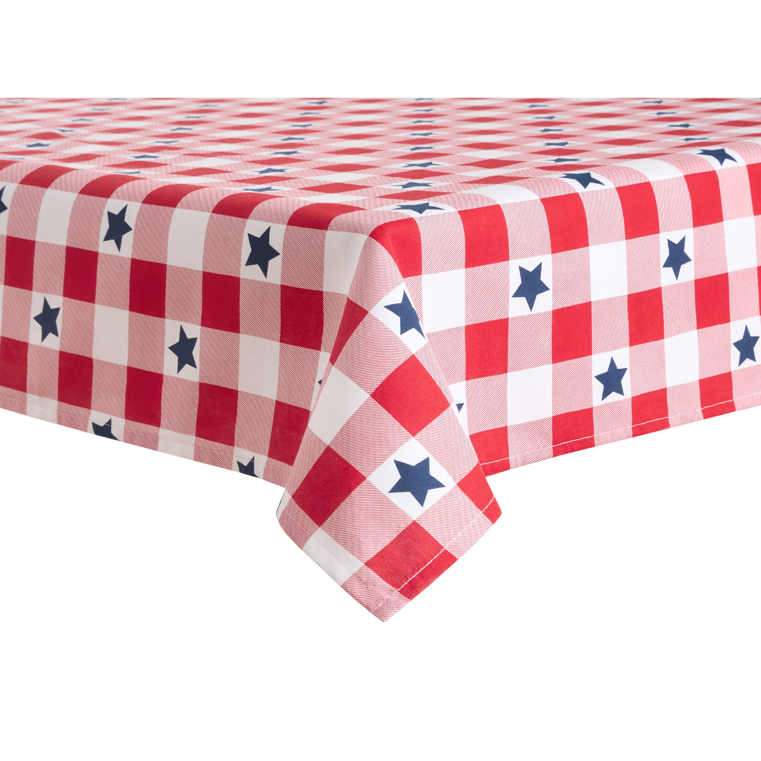 MARTHA STEWART Americana Star Gingham Plaid Indoor Tablecloth, Patriotic USA America Decor, Red/White/Blue, 60"x120"