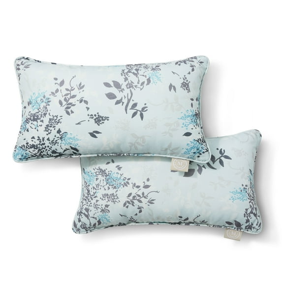 MARTHA STEWART Charming Foliage Indoor Outdoor Decorative Lumbar Pillow 2-Pack Set, UV Fade Resistant, Water Repellent, Printed Floral Design, Aqua Blue, 11"x18"