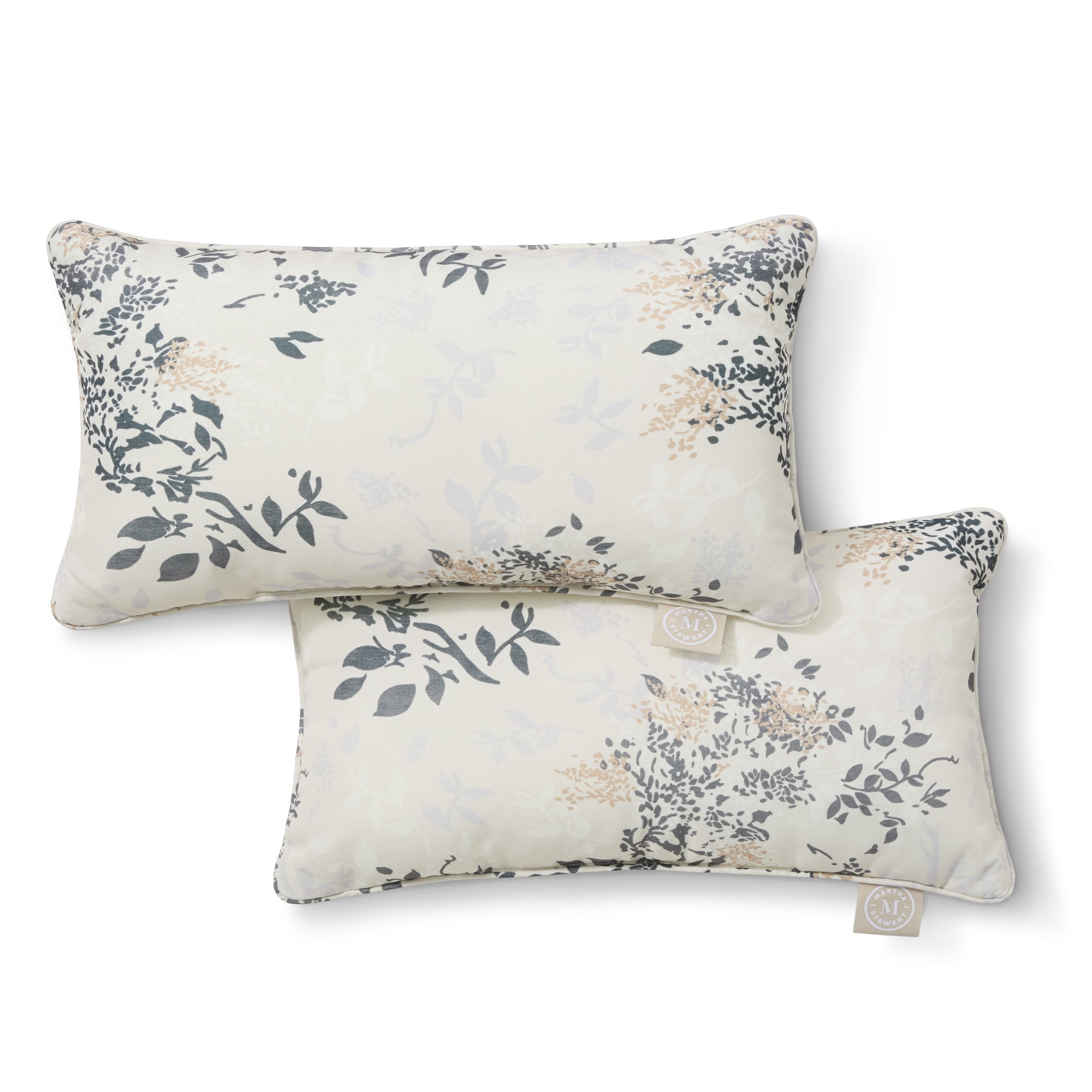 MARTHA STEWART Charming Foliage Indoor Outdoor Decorative Lumbar Pillow 2-Pack Set, UV Fade Resistant, Water Repellent, Printed Floral Design, Warm Grey, 11"x18"