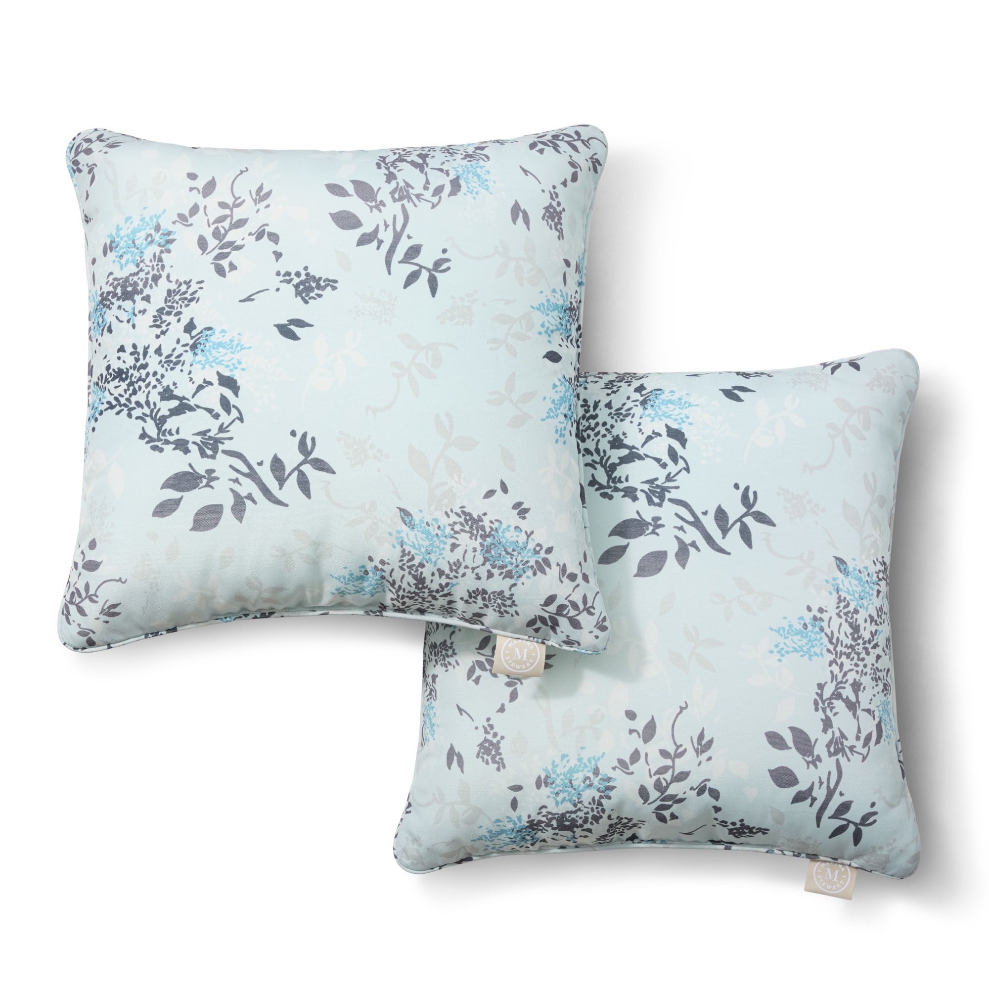 MARTHA STEWART Charming Foliage Indoor Outdoor Decorative Pillow 2-Pack Set, UV Fade Resistant, Water Repellent, Printed Floral Design, Aqua Blue, 18"x18"