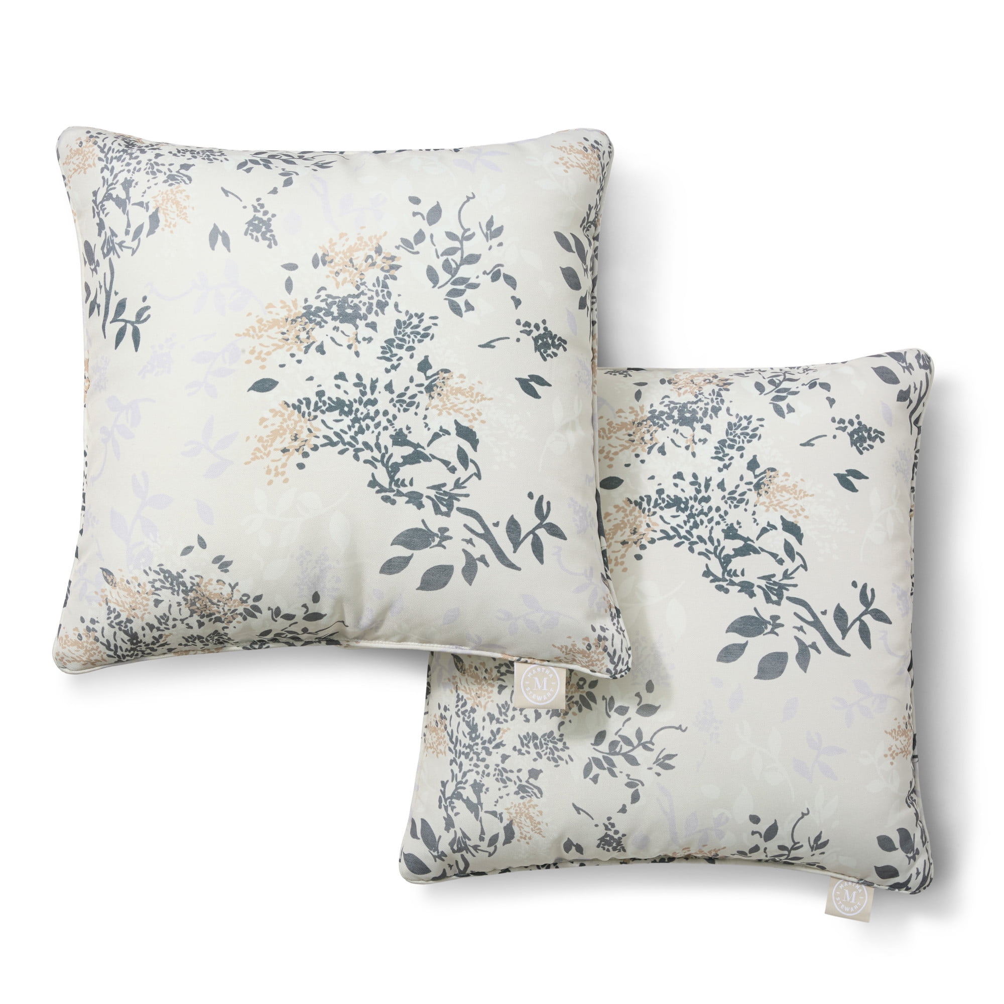 MARTHA STEWART Charming Foliage Indoor Outdoor Decorative Pillow 2-Pack Set, UV Fade Resistant, Water Repellent, Printed Floral Design, Warm Grey, 18"x18"