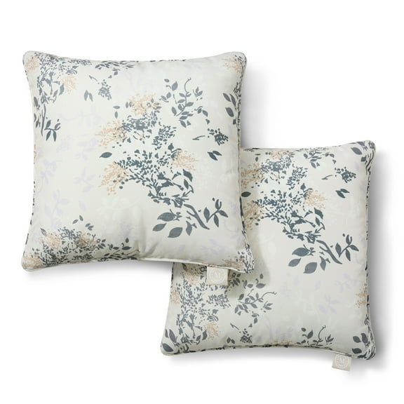 MARTHA STEWART Charming Foliage Indoor Outdoor Decorative Pillow 2-Pack Set, UV Fade Resistant, Water Repellent, Printed Floral Design, Warm Grey, 18"x18"