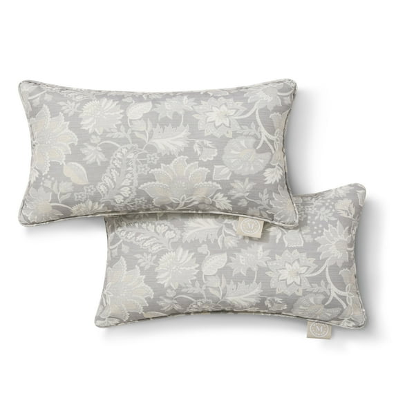 MARTHA STEWART Distressed Jacobean Indoor Outdoor Decorative Lumbar Pillow 2-Pack Set, UV Fade Resistant, Water Repellent, Printed Floral Design, Grey, 11"x18"