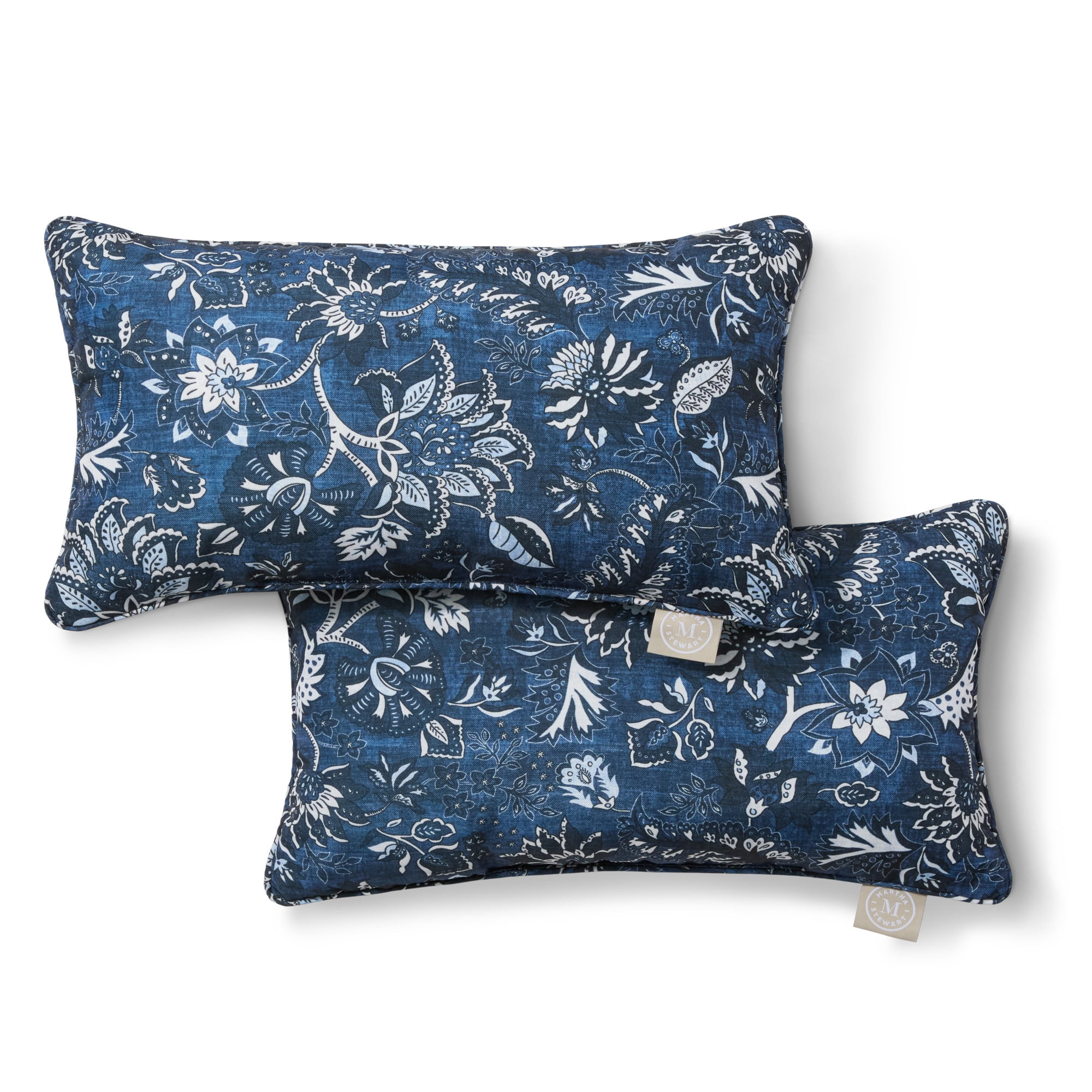 MARTHA STEWART Distressed Jacobean Indoor Outdoor Decorative Lumbar Pillow 2-Pack Set, UV Fade Resistant, Water Repellent, Printed Floral Design, Navy Blue, 11"x18"