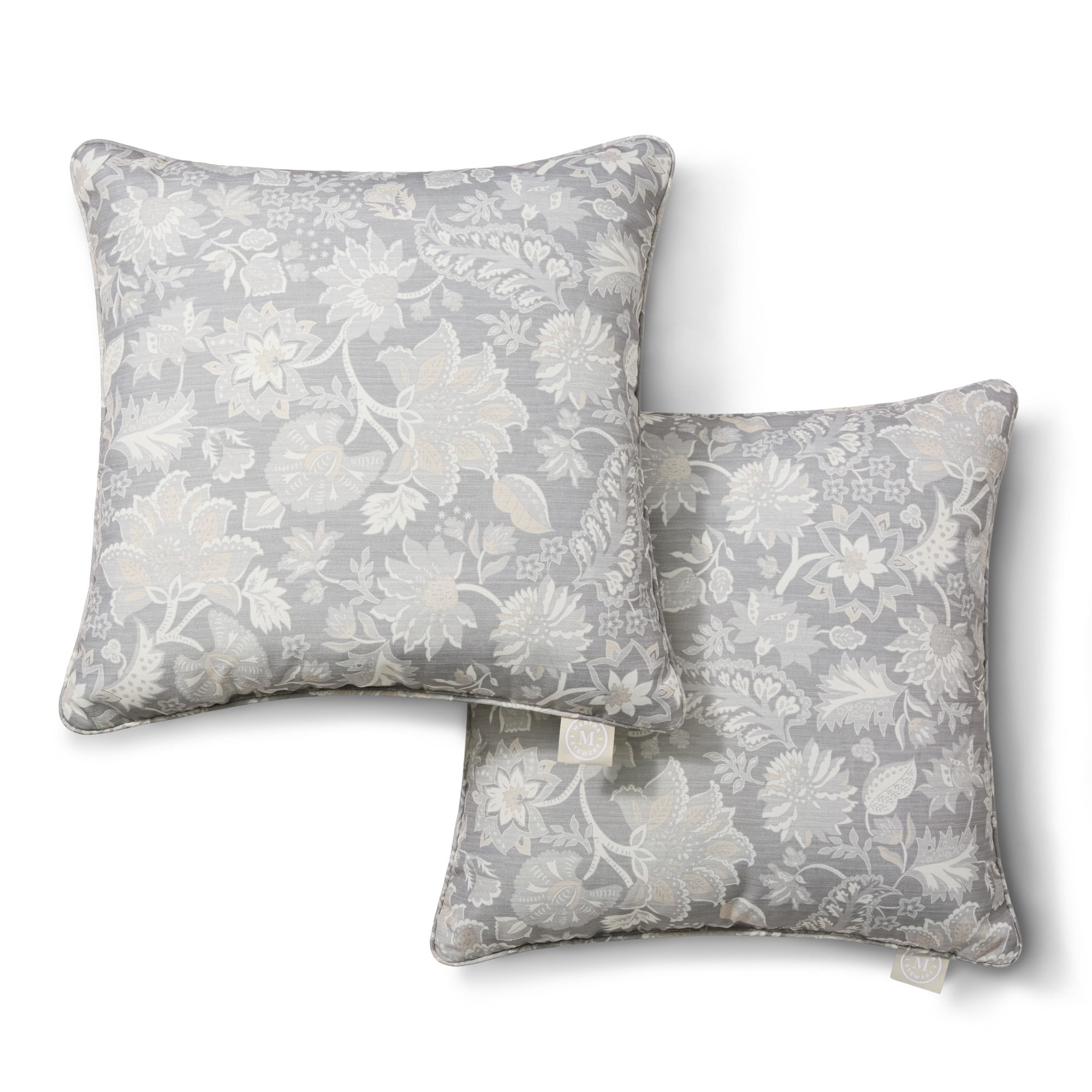 MARTHA STEWART Distressed Jacobean Indoor Outdoor Decorative Pillow 2-Pack Set, UV Fade Resistant, Water Repellent, Printed Floral Design, Grey, 18"x18"