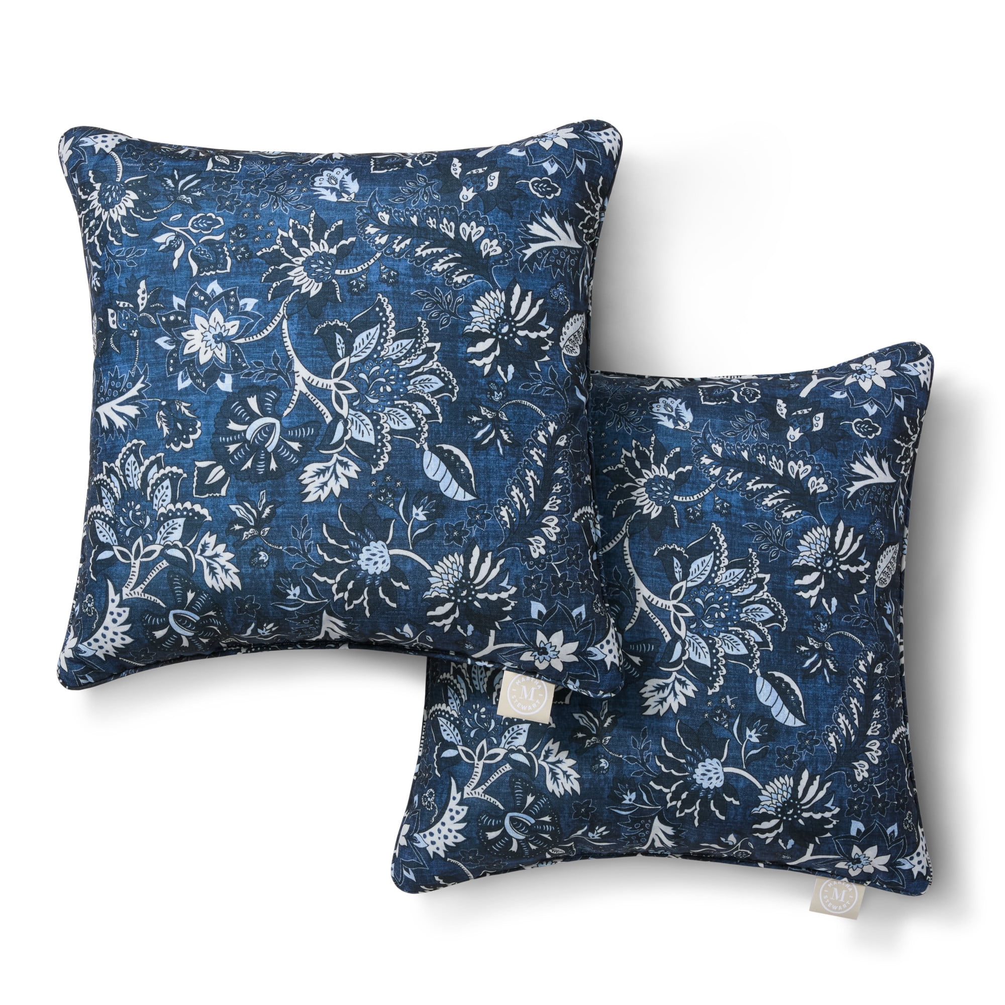MARTHA STEWART Distressed Jacobean Indoor Outdoor Decorative Pillow 2-Pack Set, UV Fade Resistant, Water Repellent, Printed Floral Design, Navy Blue, 18"x18"